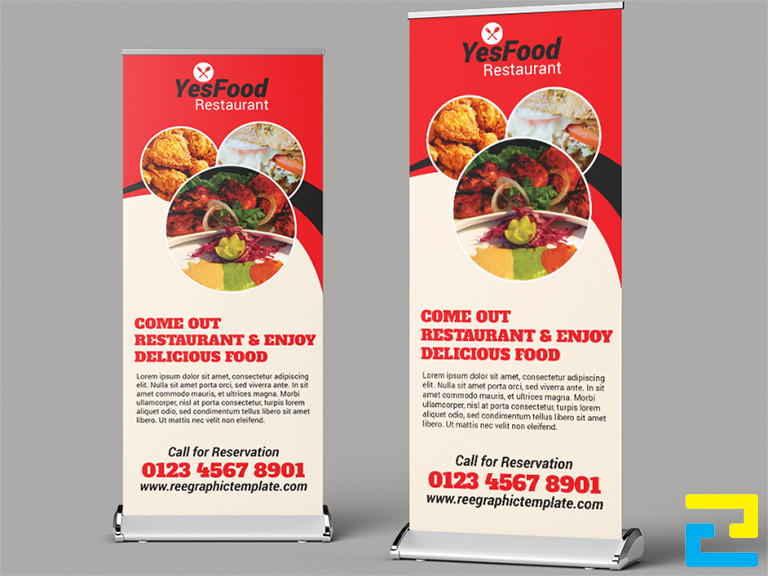 Mẫu 4: Standee được thiết kế với kiểu chữ đơn giản, có tông màu đỏ - trắng, có hình ảnh món ăn được thiết kế với bố cục hợp lý