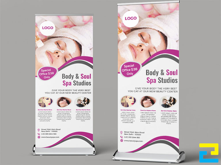 Mẫu 10: Standee có tông màu trắng - tím, có mô tả đầy đủ thông tin về dịch vụ, standee có kiểu chữ đơn giản, hình ảnh minh họa đẹp bắt mắt