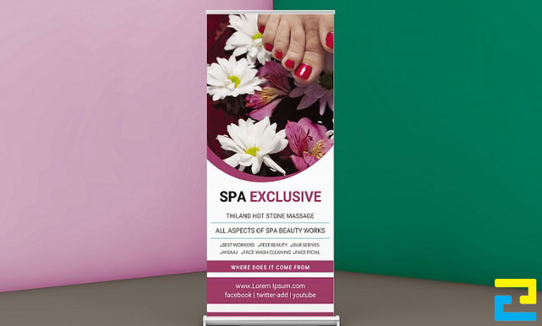 Mẫu 19: Standee có tông màu trắng - hồng, có kiểu chữ đơn giản, hình ảnh minh họa cho dịch vụ được thiết kế với kích thước lớn nổi bật