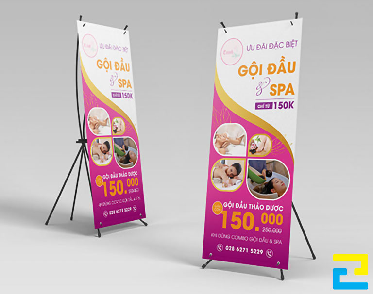 Mẫu 20: Standee có hình ảnh minh họa cho dịch vụ được thiết kế đẹp mắt với bố cục hợp lý, có kiểu chữ đơn giản, standee có tông màu tím - trắng - vàng