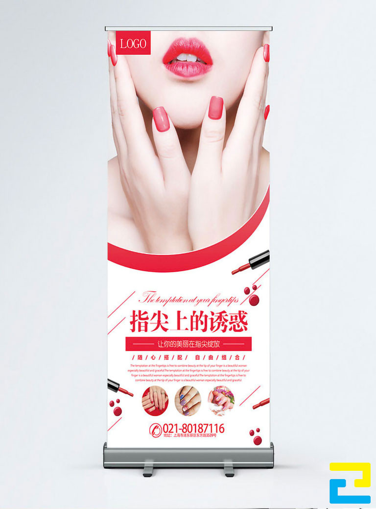 Mẫu 25: Standee có kiểu chữ đơn giản - nghệ thuật, hình ảnh minh họa cho dịch vụ được thiết kế với bố cục hợp lý, standee có tông màu trắng - đỏ