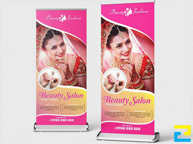 Mẫu 5: Standee có hình ảnh minh họa cho dịch vụ được thiết kế với kích thước lớn, standee có kiểu chữ nghệ thuật - đơn giản, tông màu hồng - vàng