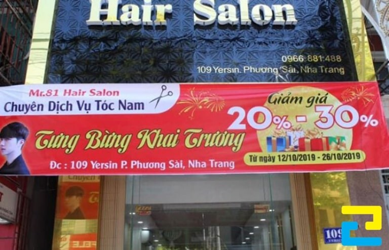 Mẫu 1: Băng rôn khai trương tiệm tóc Mr.81 Hair Salon tại Nha Trang