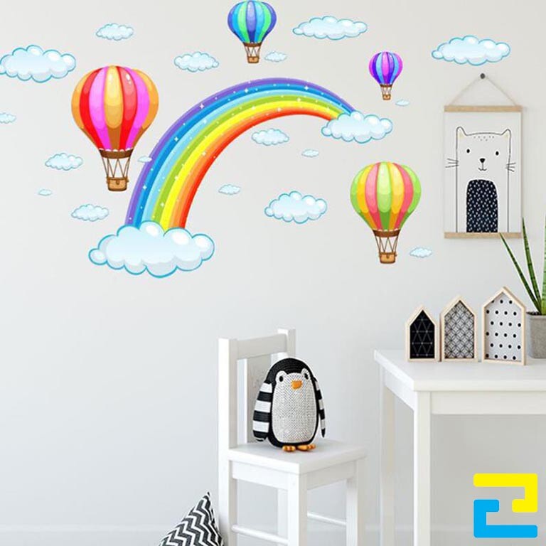 Mẫu 12: Decal có hình cầu vồng, hình khinh khí cầu, hình đám mây dùng để trang trí phòng ngủ, phòng học,... cho bé