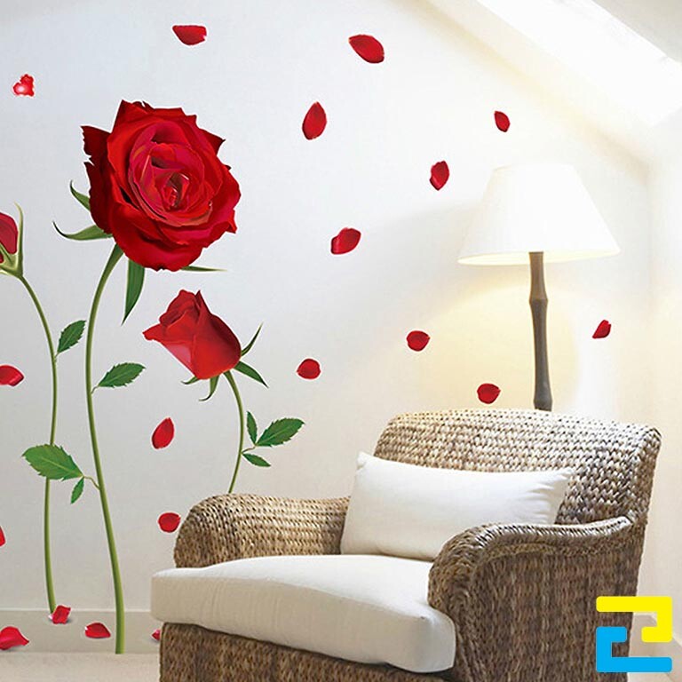 Mẫu 15: Decal trang trí hình hoa hồng khổ lớn dùng để dán trong phòng ngủ, phòng khách,...