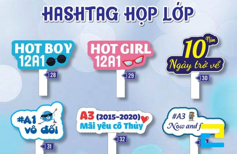 Các Mẫu Hashtga Cầm Tay Chụp ảnh Ký Yếu đa Dạng Về Kích Thước Và Màu Sắc, được In Bằng Công Nghệ Hiện đại In Vu Làm Từ Chất Liệu Mica Chắc Chắn Compressed