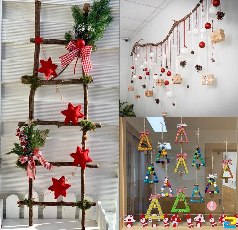 Trang trí những món đồ handmade lên tường, cửa kính tạo không khí Noel văn phòng