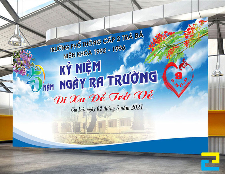Backdrop in bạt xám thiết kế cho sự kiện trở về tại trường học