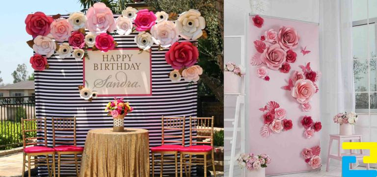 Backdrop làm từ giấy, hoa tươi và các vật liệu khác