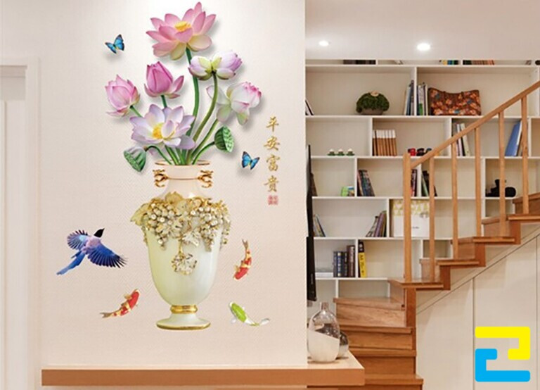 Mẫu Decal 3D bình hoa sen dán tường
