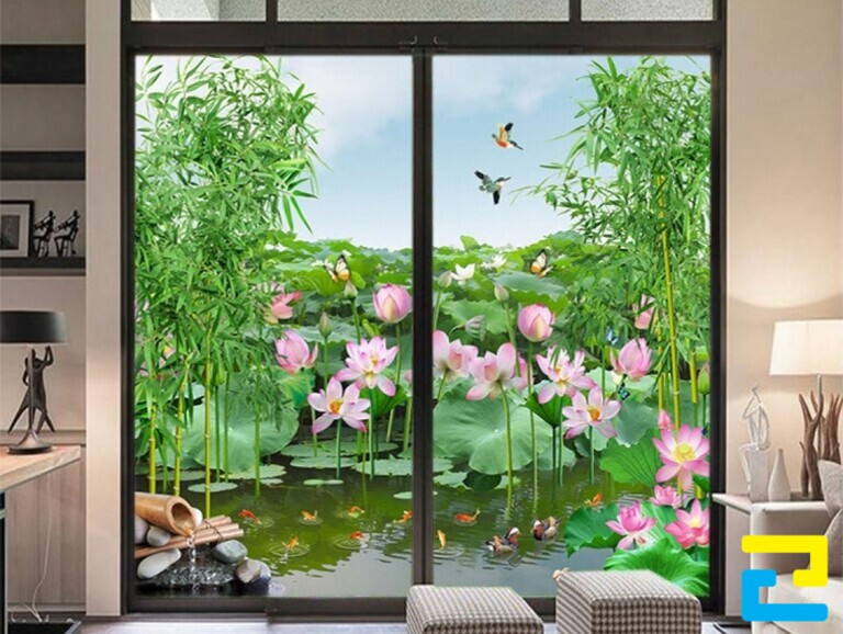 Mẫu Decal 3D hình hồ sen dán cửa kính