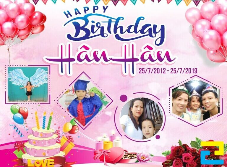 Mẫu phông bạt sinh nhật cho bé in hình bé và gia đình