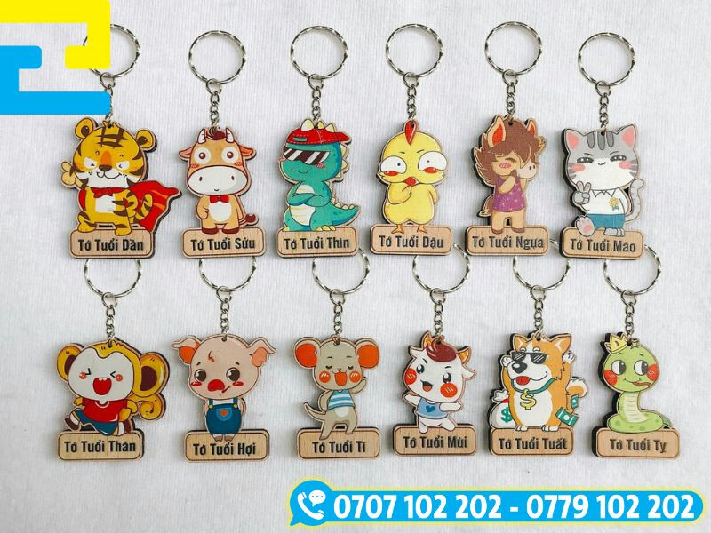 Móc khóa 12 con giáp chất liệu gỗ in uv