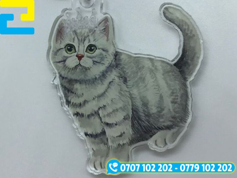 In hình con mèo trên móc khóa mica