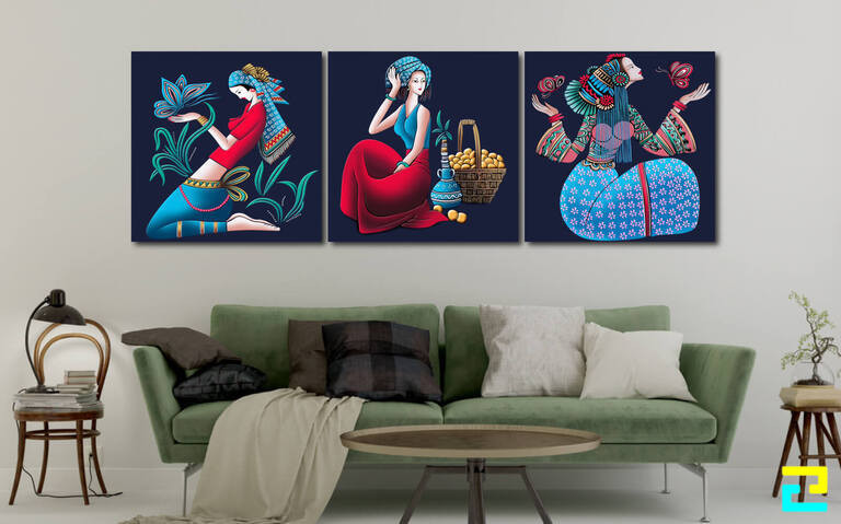 Mẫu tranh treo tường hiện đại nghệ thuật với họa tiết ba cô gái dân tộc với màu sắc tươi sáng