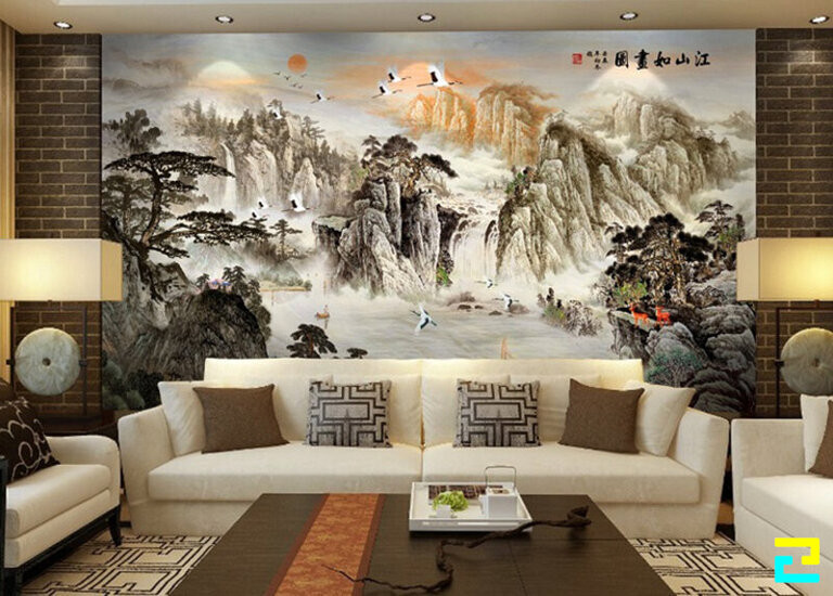 Mẫu tranh thủy mặc với núi rừng thiên nhiên hùng vĩ đậm chất truyền thống