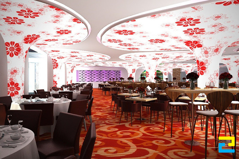 Trần in tranh 3D với họa tiết hoa sang trọng trong nhà hàng