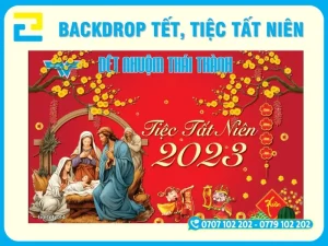Mẫu 14: Mẫu backdrop tất niên màu đỏ trang trí hoạ tiết Tết