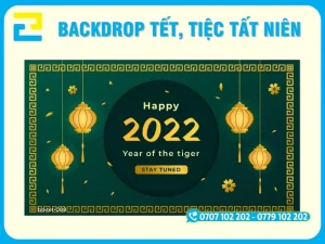 Mẫu 8: Backdrop tất niên với tông màu xanh, sang trọng