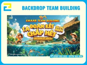 Backdrop team buiding đẹp, kết hợp hình vẽ truyền thống