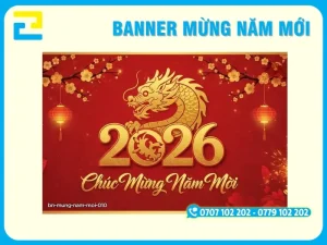 Banner chúc mừng năm mới 2026 hình rồng vàng biểu tượng may mắn thịnh vượng