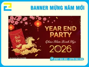 Banner year end party chào năm mới hoạ tiết linh vật Bính Ngọ