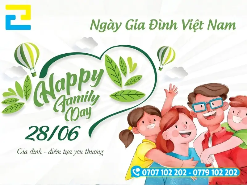 Backdrop Happy Family Day xanh trắng ý nghĩa