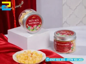 In ten nhãn mứt hạt sen thôgn tin thương hiệu và sản phẩm