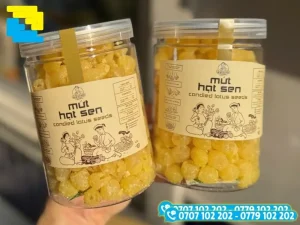 Tem nhãn mứt hạt sen in trên giấy craft có hiệu ứng mộc mạt