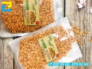 Tem nhãn ngô nếp sấy giòn dán trên túi, hũ hoặc hộp đựng ngô sấy