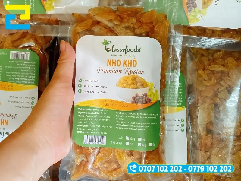 In tem nhãn nho khô trên decal nhựa PVC màu sắc rõ ràng, hình in sắc nét