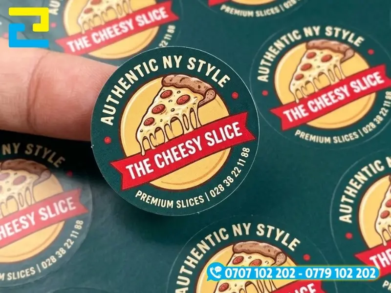 In tem nhãn pizza tại In Ấn 2H in cắt bế chỉ trong 2 giờ