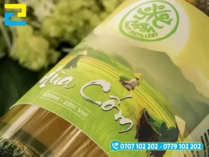 Mặt trước tem nhãn rượu cốm in tên sản phẩm