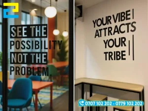 Decal PP in thông điệp chữ trang trí quán cafe bám dính tốt