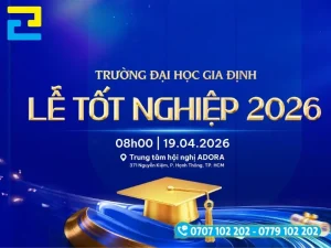 Trên backdrop, background lễ tốt nghiệp có các thông tin về trường, buổi lễ tốt nghiệp