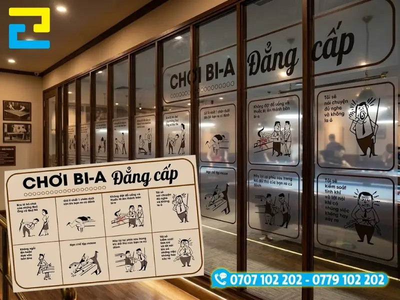 Bảng quy tắc ứng xử khi chơi bida, sử dụng cho quầy quán bi-a chất liệu decal trong in màu sắc nét
