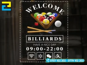 Mẫu in decal trong dán kính CLB bida phong cách tối giản