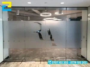 Decal mờ gia công cắt tạo hình logo dán cửa văn phòng tại Hải Dương