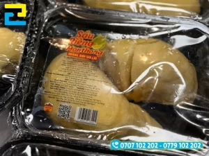 Decal nhựa trong in tem nhãn sầu riêng không che khuất ản phẩm sầu riêng trong hộp