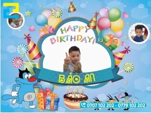 Mẫu 7: Phông nền có kiểu chữ đơn giản, có hình ảnh bé trai, hình ảnh bóng bay, bánh kem,… được thiết kế với bố cục hợp lý, phông nền có tông màu xanh chủ đạo