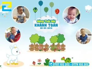 Mẫu 8: Phông nền có hình ảnh bé trai được thiết kế với bố cục đẹp mắt, kết hợp với những hình ảnh trang trí như: Hình ảnh động vật, đám mây,…