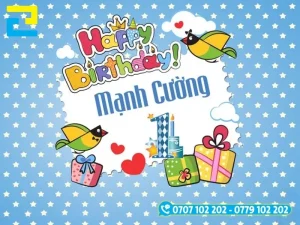 Mẫu 12: Phông nền có những hình ảnh như: Hình ảnh hộp quà, bánh kem,… được thiết kế với bố cục hợp lý, phông nền có tông màu xanh dương – trắng