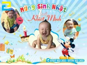 Mẫu 17: Phông nền có tông màu xanh dương chủ đạo, có hình ảnh bé trai và những hình ảnh trang trí như: Hình ảnh hộp quà, chuột Mickey,…