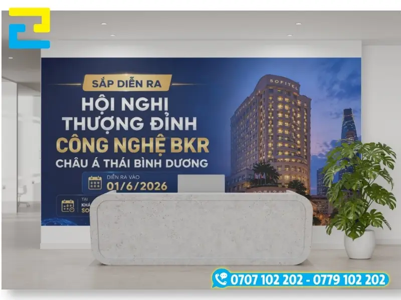 Mẫu 8: Phông nền có tông màu tím chủ đạo đẹp mắt, hình ảnh logo, hình ảnh trang trí được thiết kế với bố cục hợp lý, backdrop có kiểu chữ đơn giản