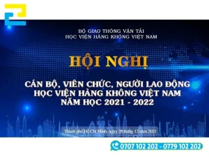 Mẫu 10: Phông nền có kiểu chữ đơn giản, tên của sự kiện hội nghị được thiết kế với kích thước lớn nổi bật, backdrop có tông màu xanh dương chủ đạo