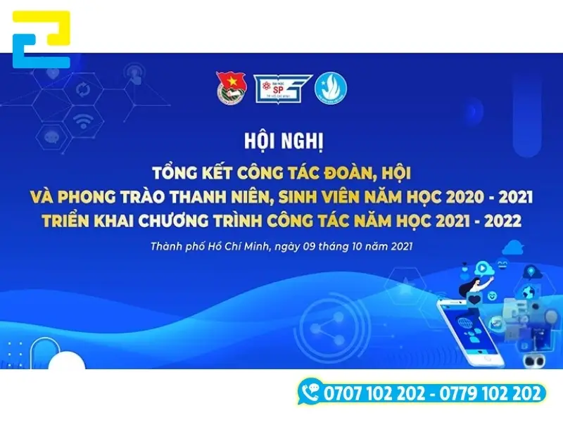 Mẫu 17: Phông nền có tông màu xanh dương chủ đạo, có hình ảnh minh họa đẹp mắt, được thiết kế đầy đủ những thông tin như: Hình ảnh logo, tên hội nghị,…