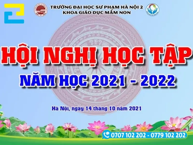 Mẫu 2: Phông nền có viền hoa sen, hình nền trống đồng đẹp mắt, có tông màu xanh dương – xanh lá cây, backdrop có kiểu chữ đơn giản