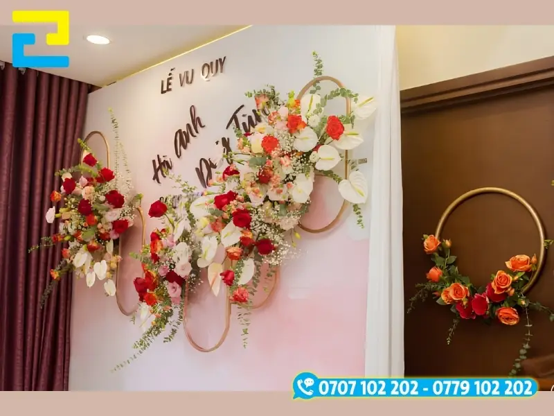 Phông nền lễ vu quy màu hồng pastel sinh động, nhẹ nhàng, vô cùng ấn tượng.