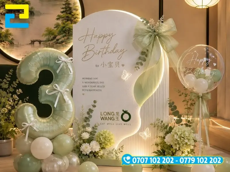 Nền trắng kết hợp với bóng bay, ảnh sticker.... tạo nên bối cảnh đẹp, rất dễ thương.