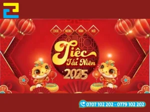 Backdrop tiệc tất niên năm 2025 với gam màu đỏ chủ đạo rất nổi bật và thu hút.